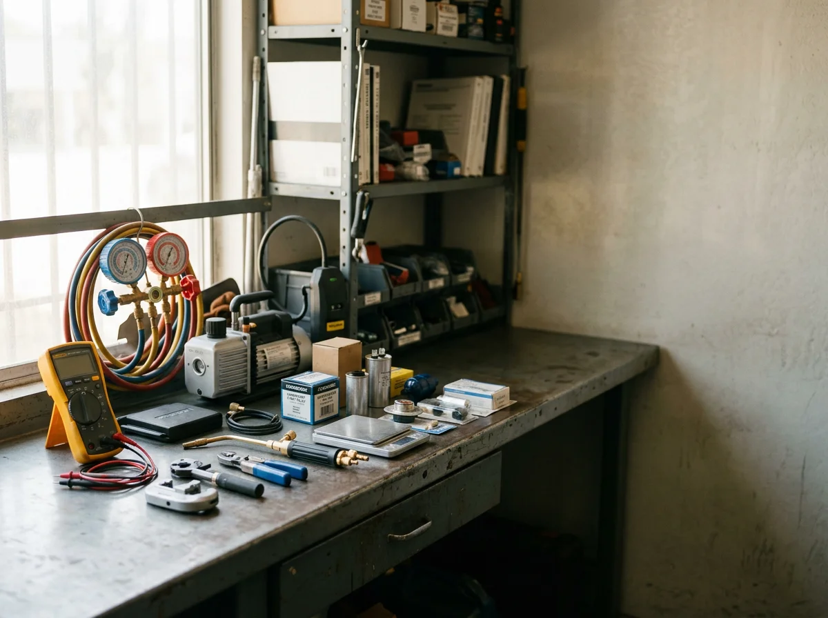 Professional appliance repair tools and equipment arranged on a workbench, ready for service calls.