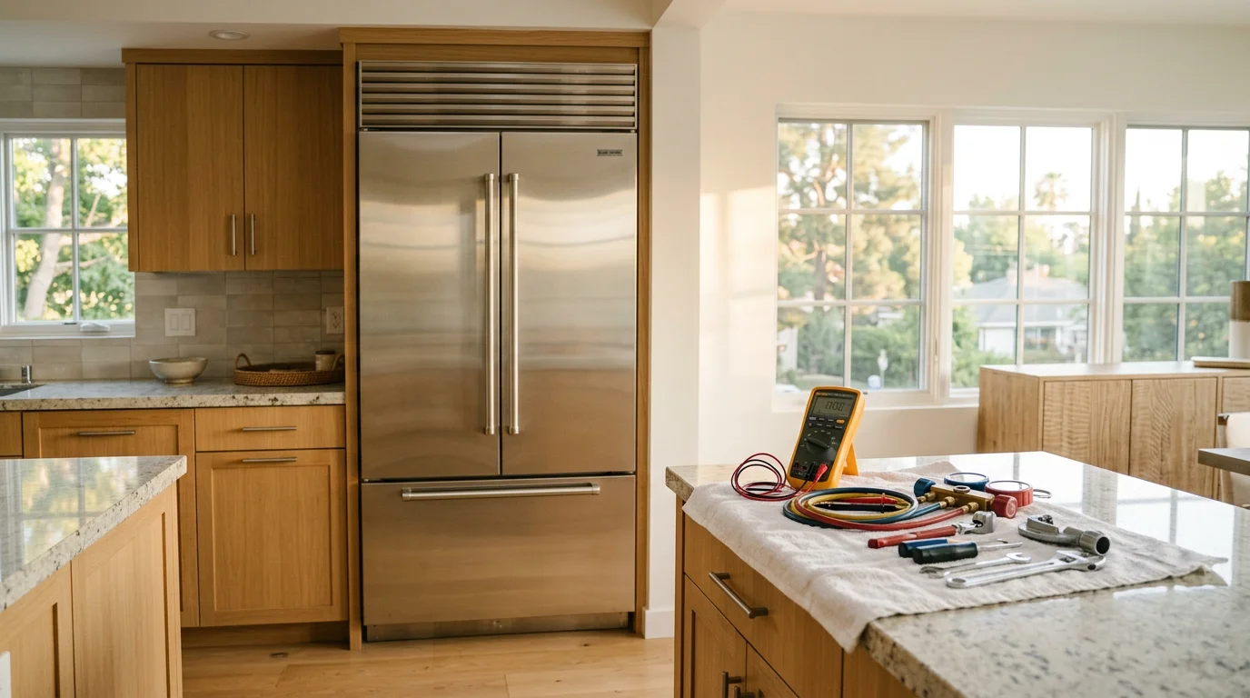 Technician repairing a refrigerator in a kitchen