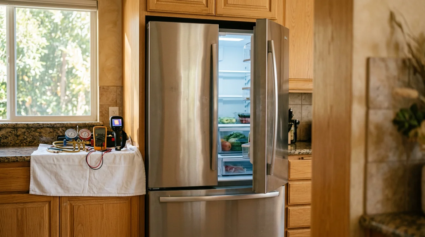 Technician servicing the interior of a refrigerator