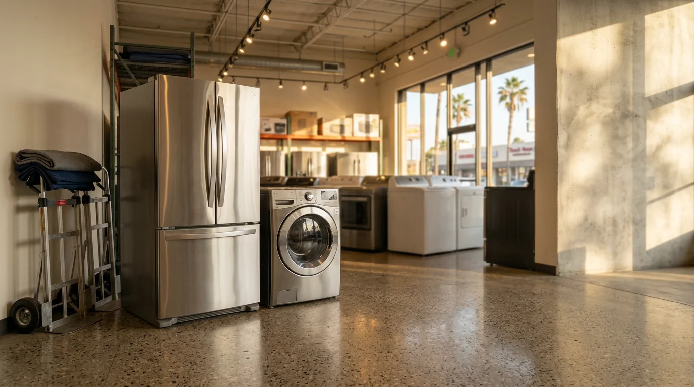 Display of used refrigerators and washing machines in a showroom