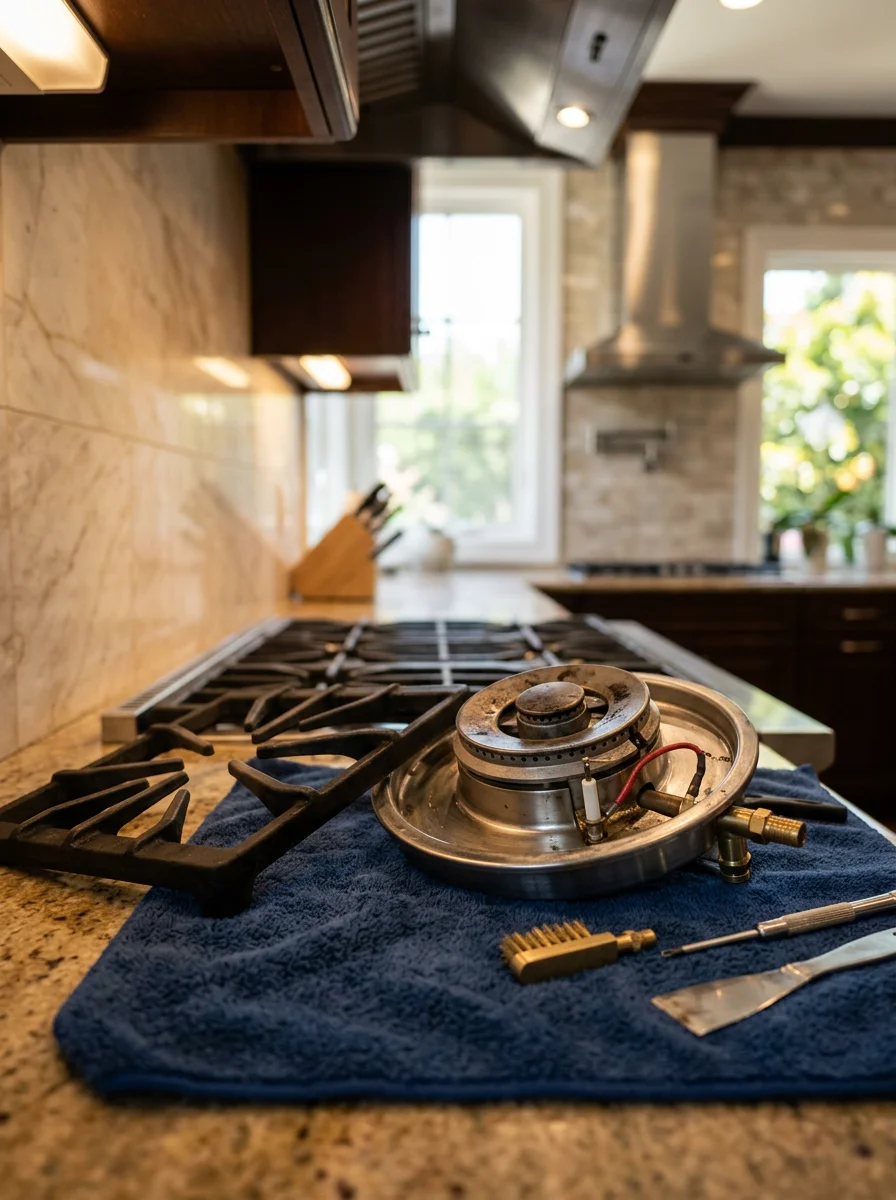 Close-up of a professional gas range burner assembly being inspected and cleaned in an Encino estate home kitchen.
