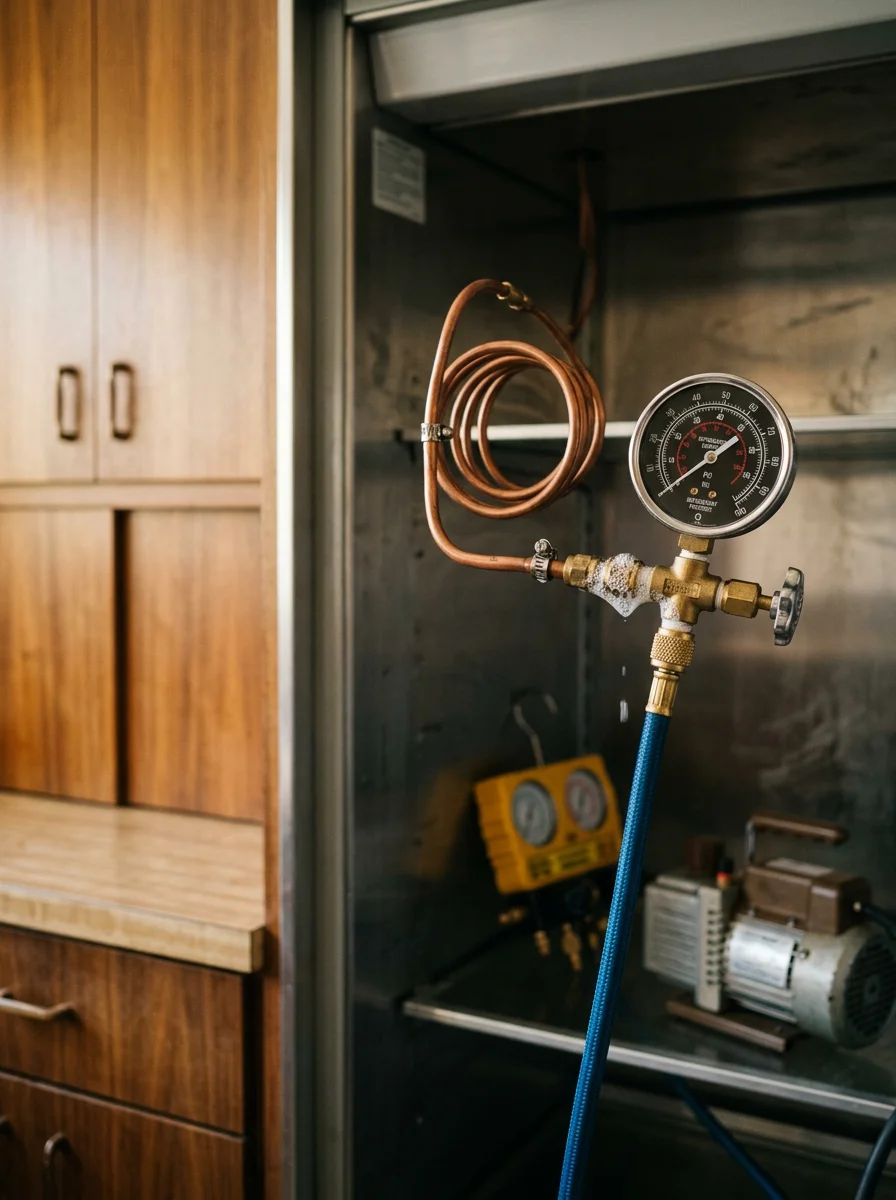 Close-up of a refrigerant line connection being tested for leaks on a built-in refrigerator inside a mid-century Sherman Oaks home.