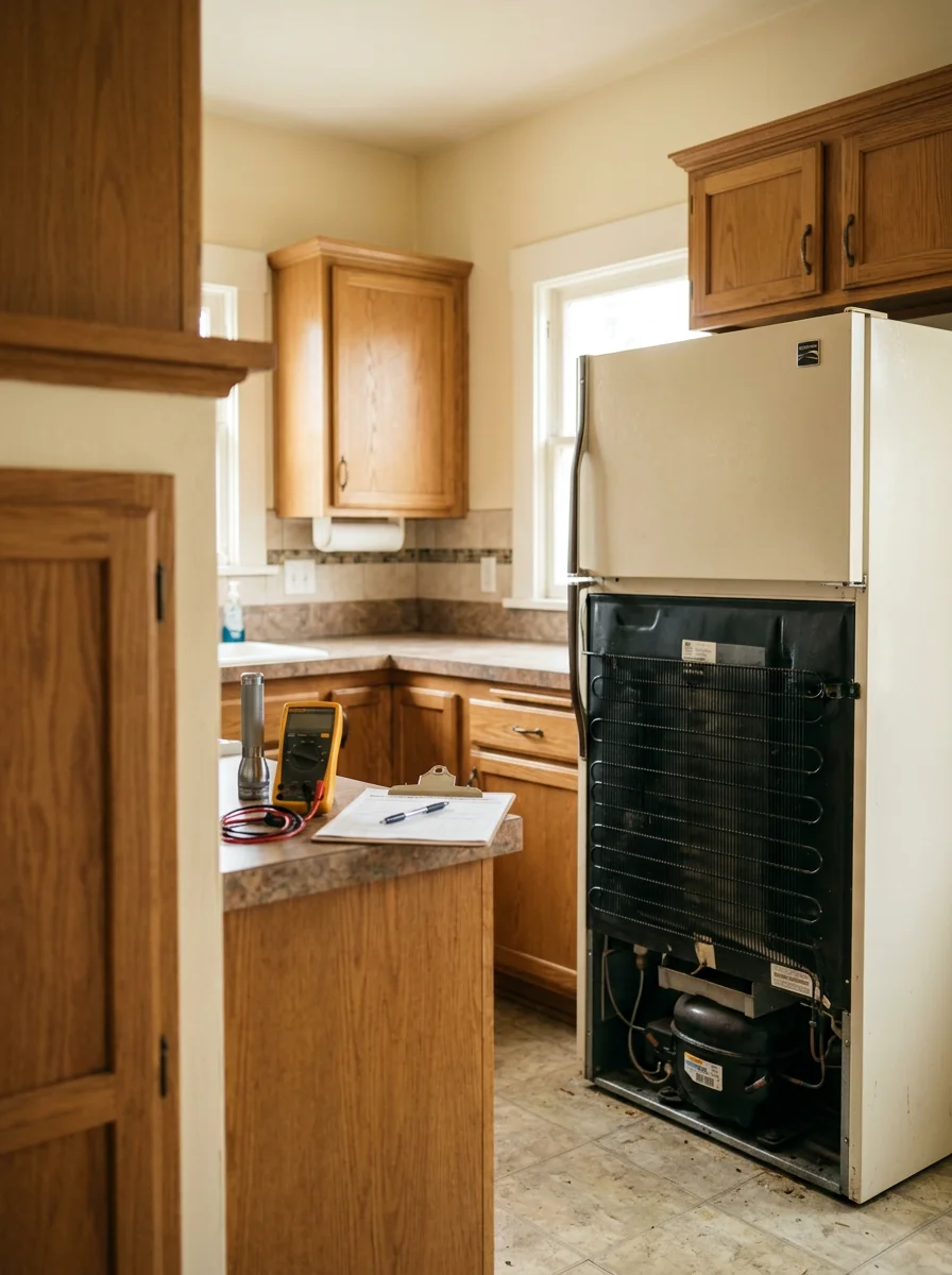 Refrigerator condenser coil and compressor compartment being inspected in a South Pasadena home with 1990s-era cabinetry and original kitchen layout.