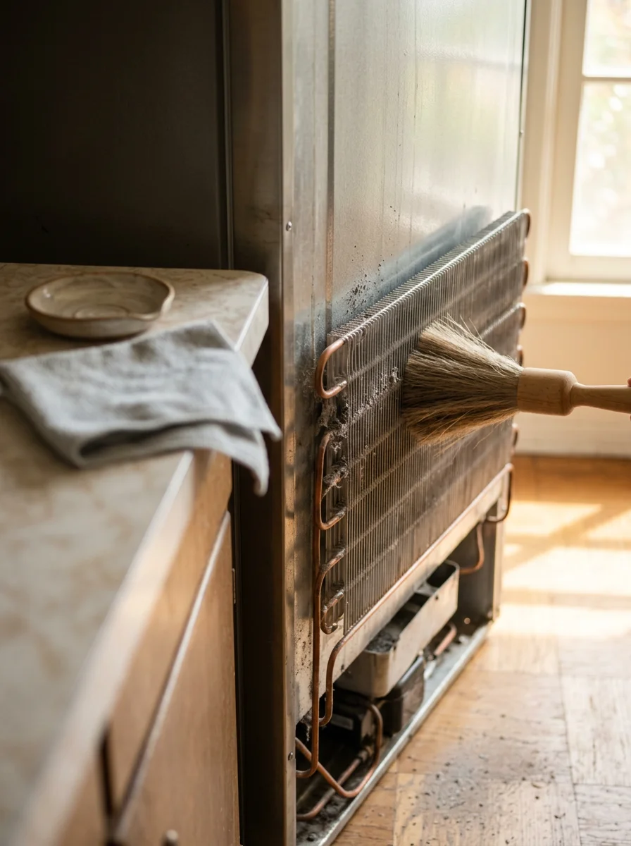 Refrigerator condenser coil being cleaned with a brush in a Studio City home after a wildfire smoke event, with ash visible on the coil fins.