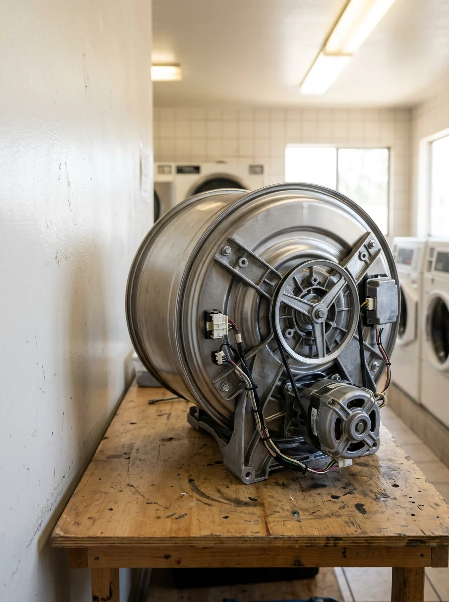 Washer drum and motor assembly being inspected in a Tarzana apartment building laundry room with multiple units visible in the background.