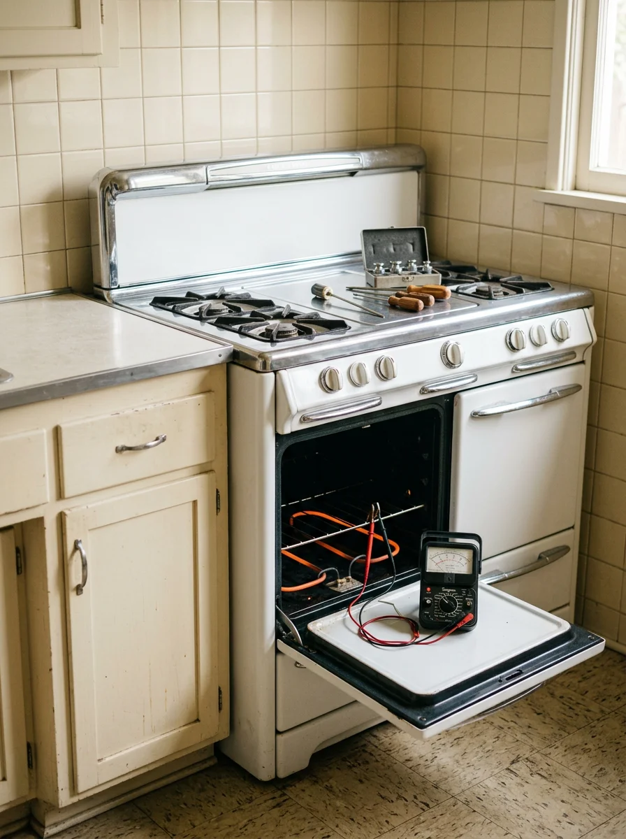Freestanding 1950s gas range being serviced in a Toluca Lake traditional home kitchen, with the oven door open and a technician testing the bake element.