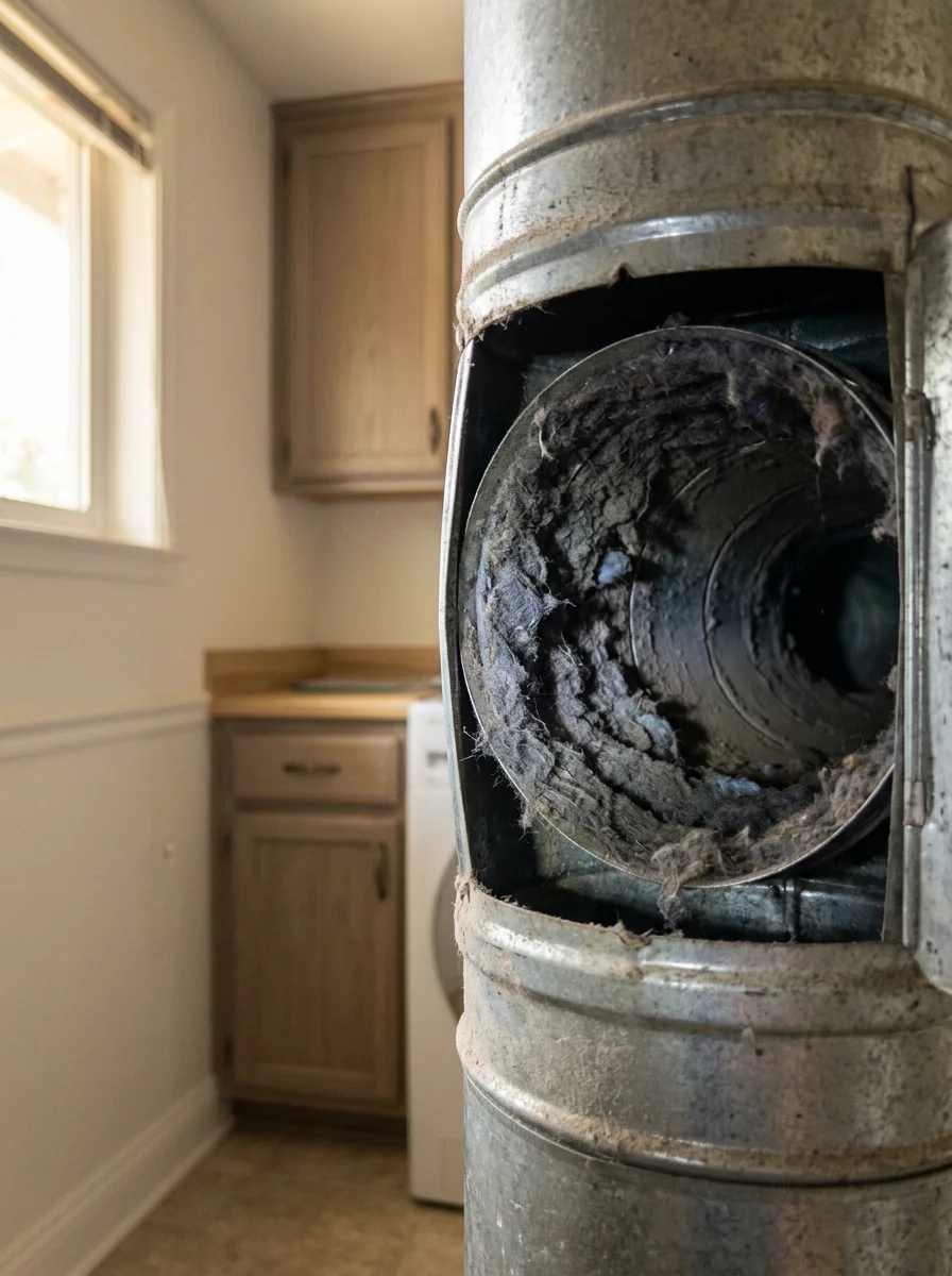 Dryer exhaust duct being inspected for lint buildup in a Woodland Hills ranch-style home with a long interior duct run.
