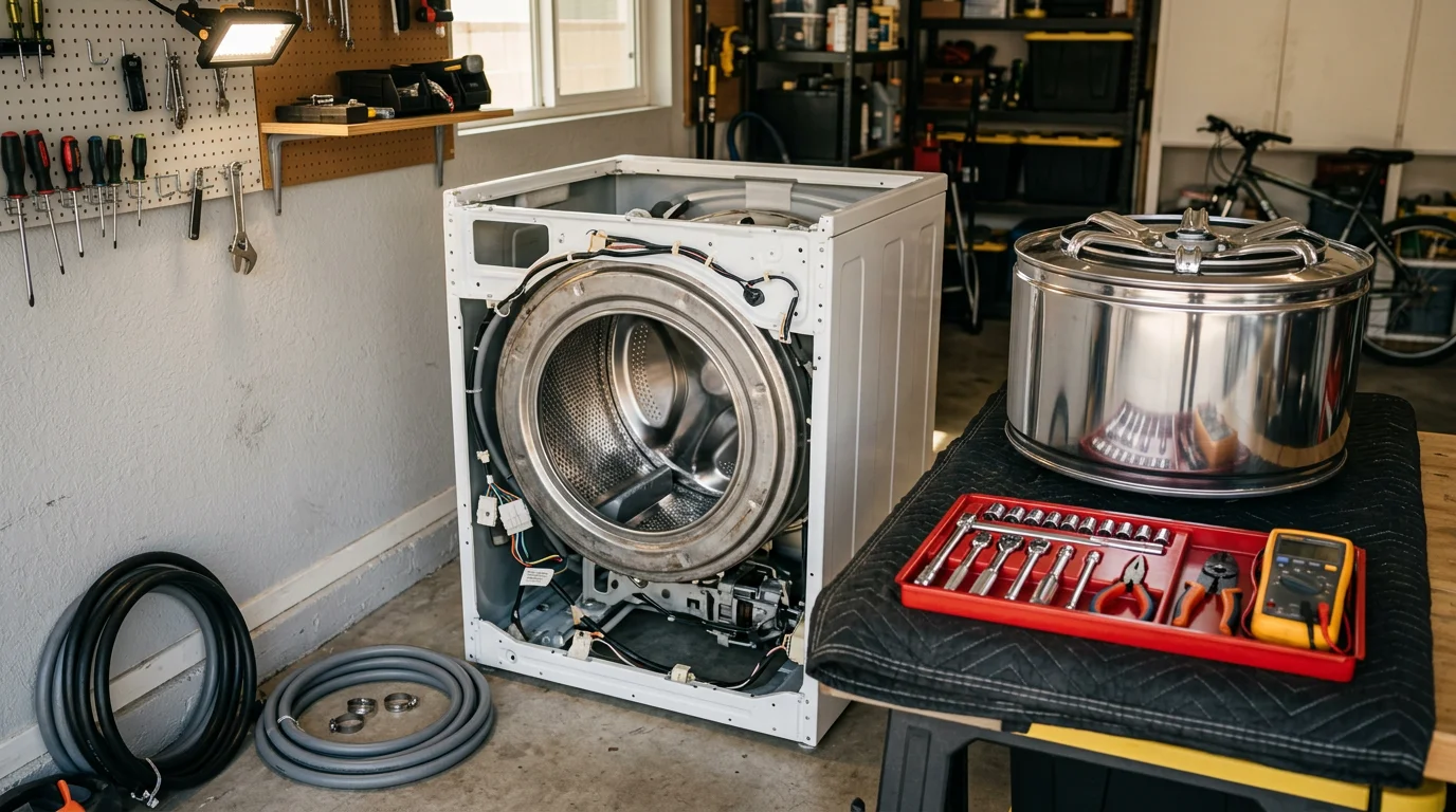 A washer drum being carefully removed from a front-load washing machine during a drum replacement service call in a Sherman Oaks home. A technician works on the open machine with the outer casing removed, showing the internal drum assembly.