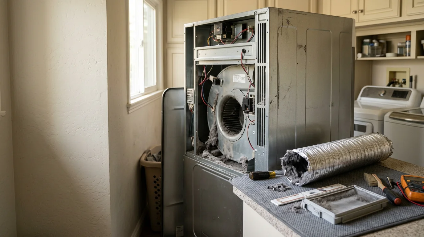 A White Glove Appliance Repair technician inspecting the internal cabinet and duct connection of a residential dryer in a Sherman Oaks laundry room. The dryer panel is open, showing the blower housing and lint buildup being cleared during a routine maintenance visit.