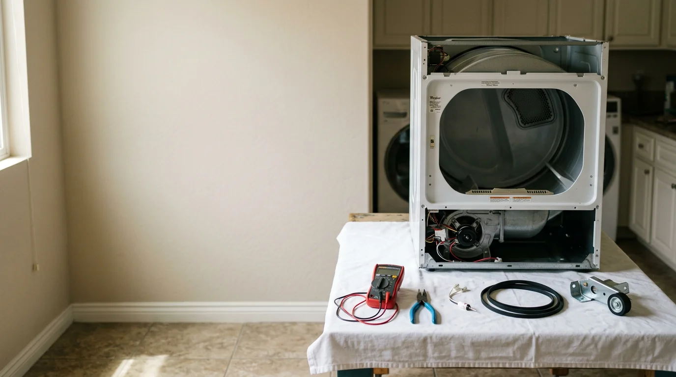 A technician inspecting the interior drum and heating element of a residential electric dryer in a Sherman Oaks laundry room. The back panel is removed, showing the heating assembly and exhaust duct connection.