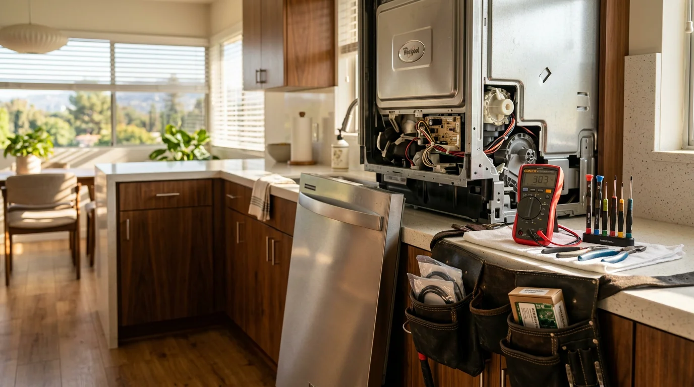 A technician inspecting the interior components of a household dishwasher in a Sherman Oaks kitchen. The appliance door is open and the technician is examining the control board and spray arm assembly.