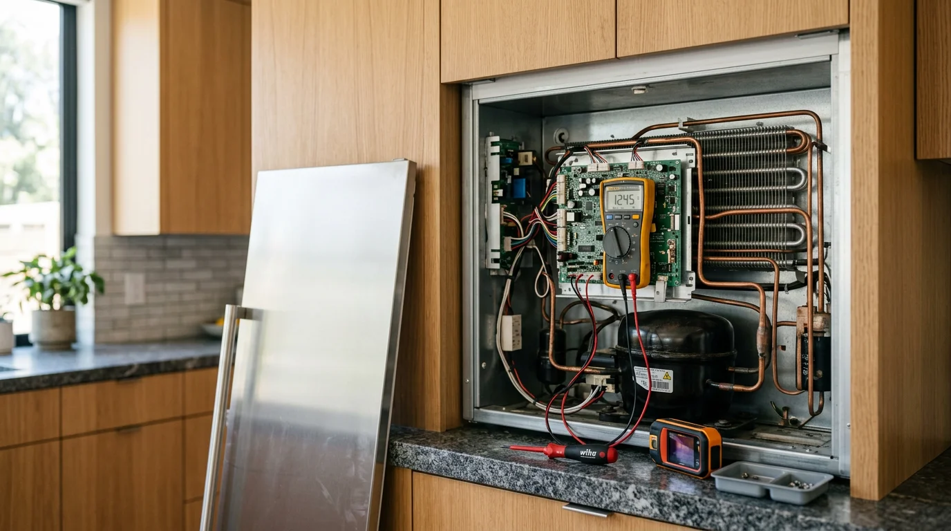 A technician from White Glove Appliance Repair inspecting the internal components of a high-end built-in refrigerator in a Sherman Oaks kitchen. The refrigerator is integrated into custom cabinetry with the panel open for service access.