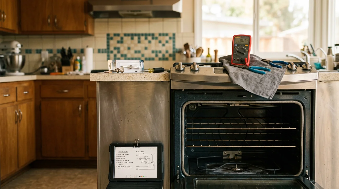A technician from White Glove Appliance Repair inspecting the igniter and burner assembly on a residential gas range in a Sherman Oaks kitchen. The cooktop panel is open and diagnostic tools are visible on the counter.
