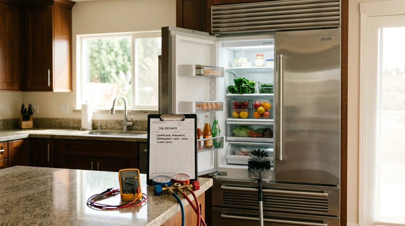 A technician inspecting the condenser coils and fan motor at the base of a residential refrigerator during a cooling repair visit in Sherman Oaks, California. The refrigerator cabinet is open at the rear, showing the compressor and fan assembly.