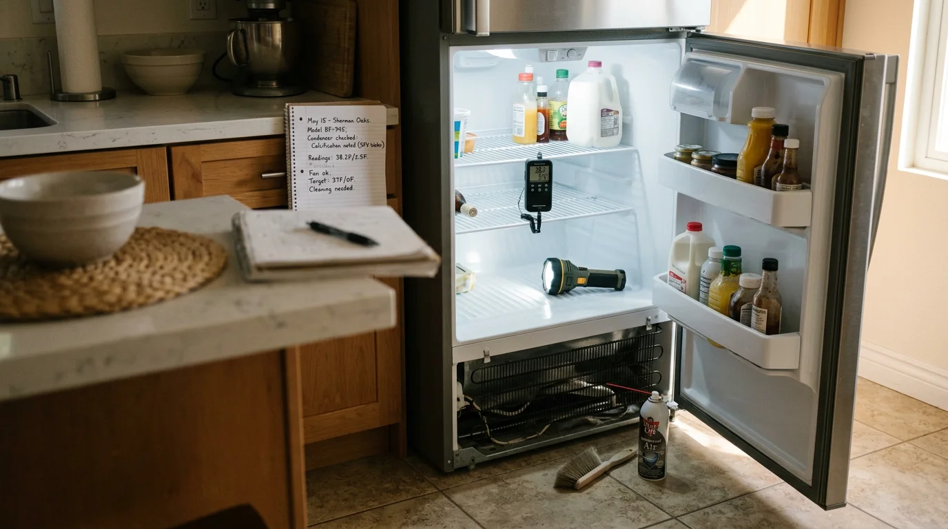A White Glove Appliance Repair technician performing a refrigerator diagnostic in a Sherman Oaks kitchen, checking internal temperature readings and inspecting the evaporator fan area of an open refrigerator.