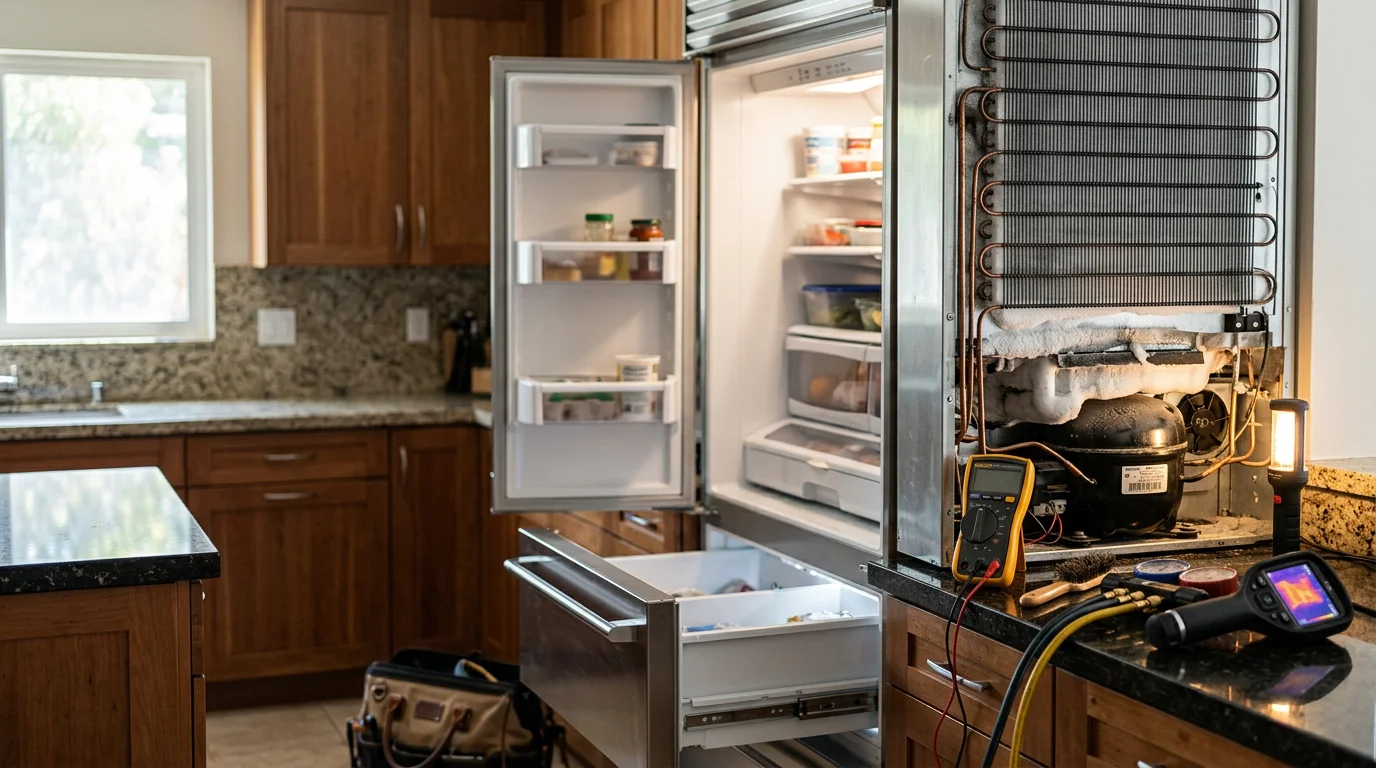 A White Glove Appliance Repair technician inspecting the interior components of a residential refrigerator in a Sherman Oaks kitchen. The refrigerator door is open and the technician is examining the evaporator area during a diagnostic service call.