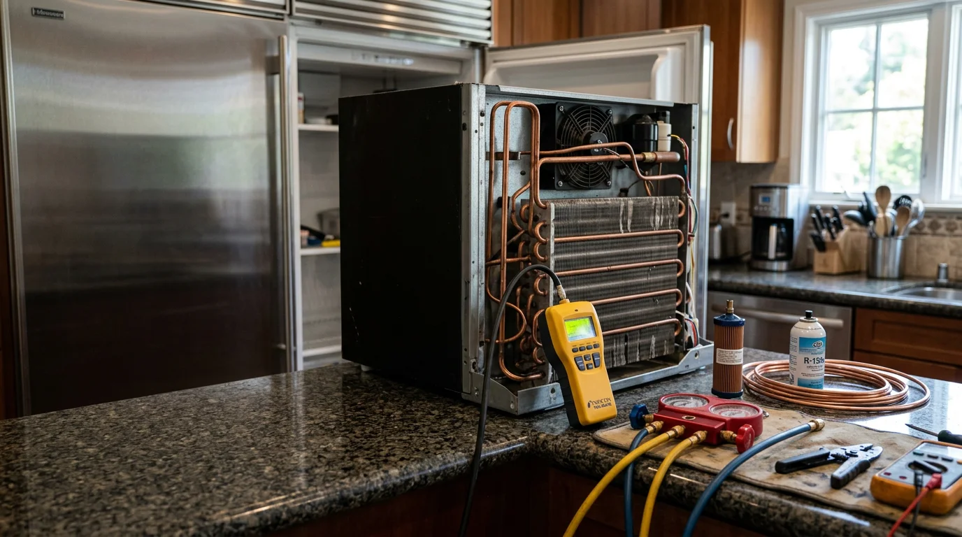 A technician using an electronic leak detector along the evaporator tubing of a residential refrigerator during a sealed system leak inspection in a Sherman Oaks kitchen. The compressor compartment is open and the filter drier is visible at the base of the unit.