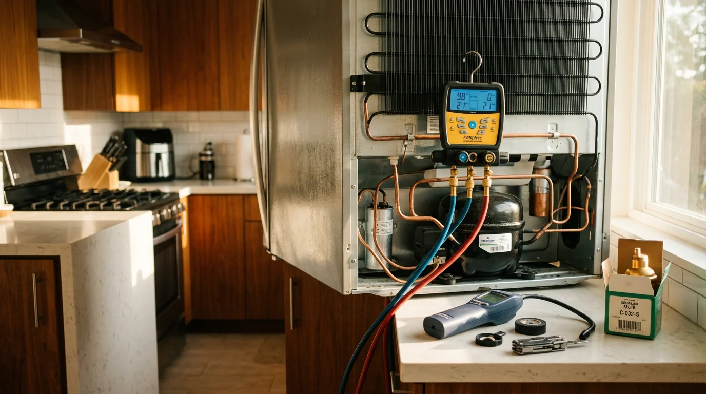 A refrigerator appliance repair technician in Sherman Oaks connecting pressure gauges to a refrigerator sealed system to detect a refrigerant leak. The image shows service tools and copper tubing at the back of a residential refrigerator during a sealed system leak detection visit.