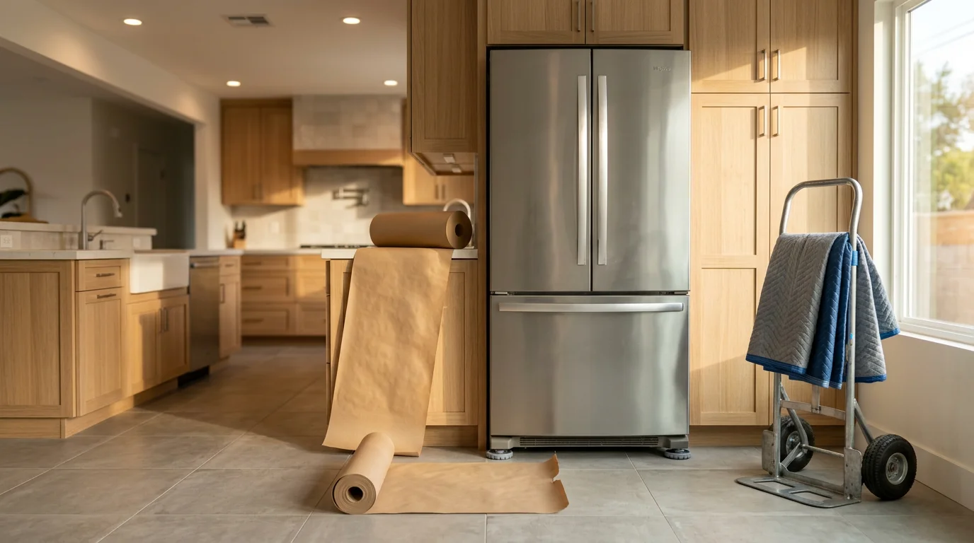 A used appliance being carefully hand-trucked through the front entrance of a Sherman Oaks home. The delivery team positions the unit in a residential kitchen with hardwood floors and standard cabinet clearance.