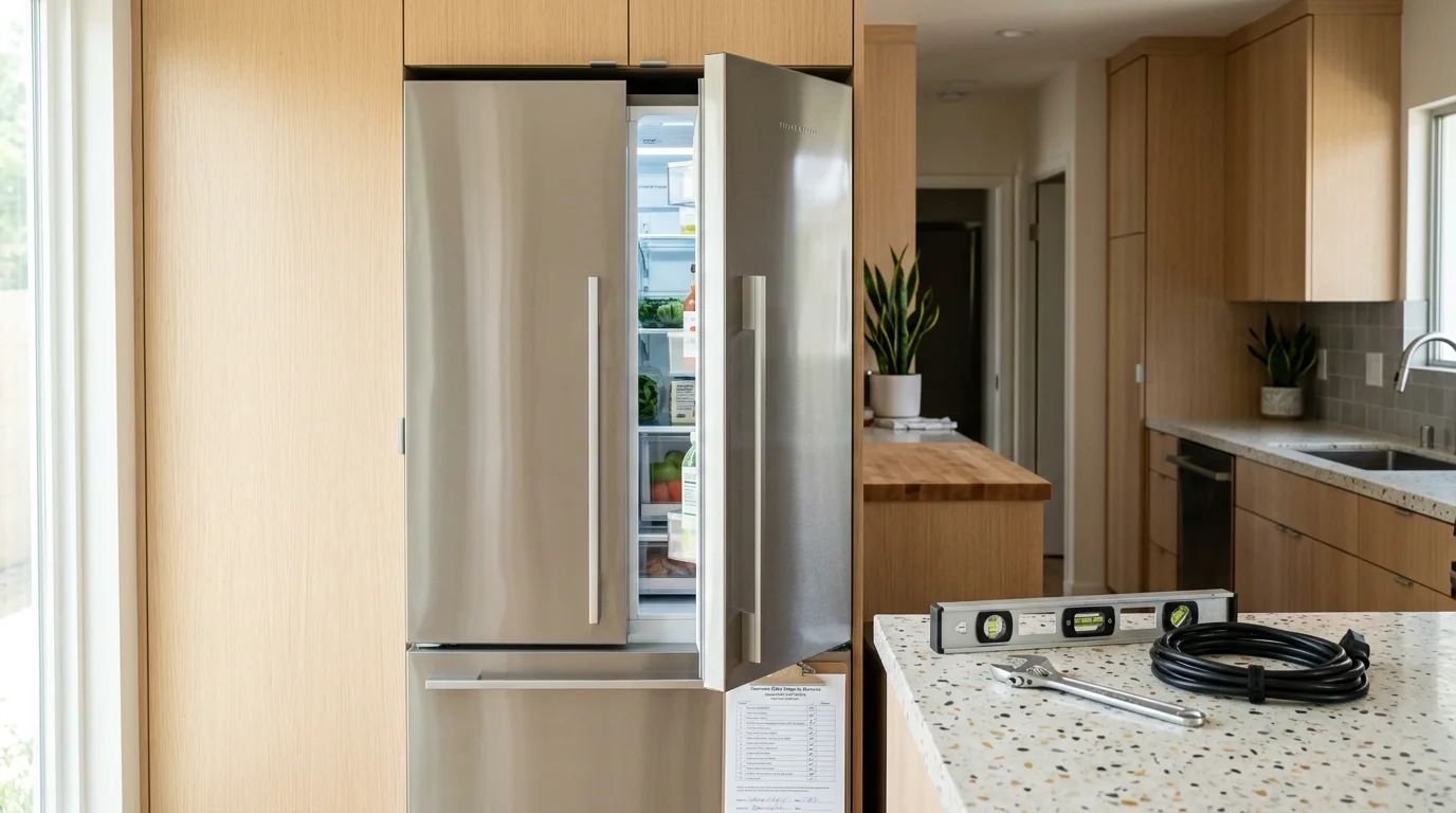 A used appliance being carefully installed in a Sherman Oaks kitchen, with the technician leveling the unit and checking connections in a compact residential space.
