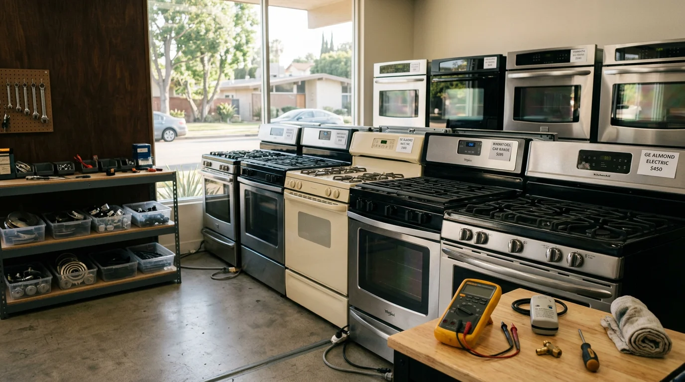 A used freestanding gas range in clean working condition, shown in a residential kitchen in Sherman Oaks. The unit is ready for use with visible burners and an intact oven door.