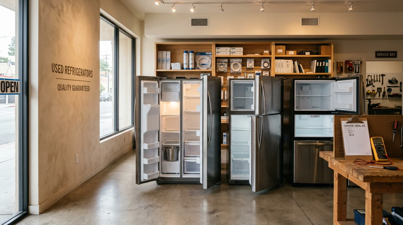 A clean used refrigerator standing in a Sherman Oaks apartment kitchen, ready for use. White Glove Appliance Repair sourced and placed the unit for a local renter in the San Fernando Valley.