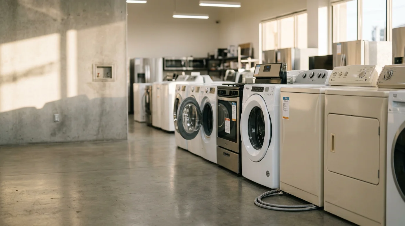 A used washer and dryer set displayed inside a used appliance store in Sherman Oaks, California. Both units are clean and ready for purchase, shown side by side in a retail floor setting.