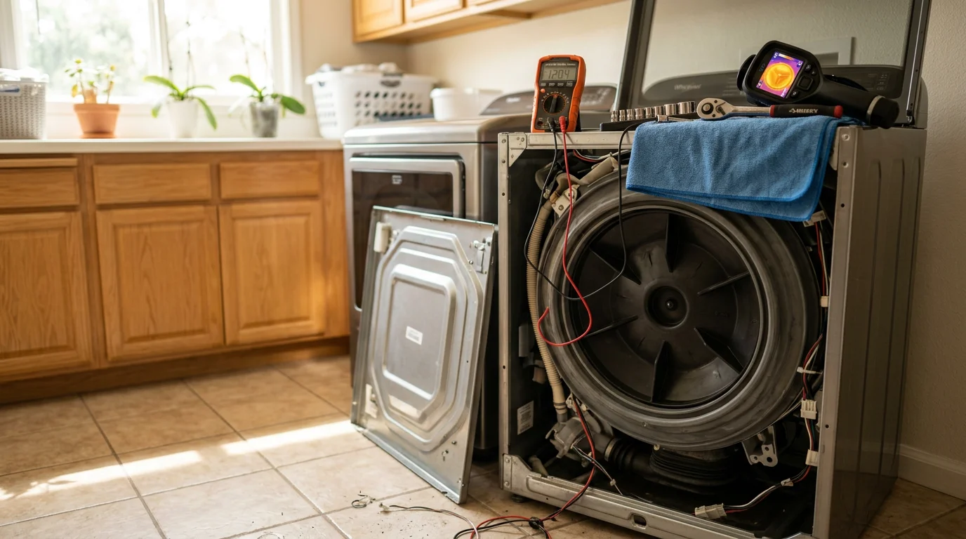A White Glove Appliance Repair technician inspecting the drum and internal components of a front-load washer inside a Sherman Oaks home laundry room. The unit is open for diagnostic work with tools placed on a clean mat beside the machine.