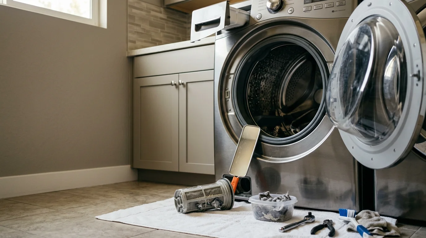 A technician from White Glove Appliance Repair inspecting the drum seal and drain filter of a front-load washing machine during a routine maintenance visit in a Sherman Oaks home laundry room.