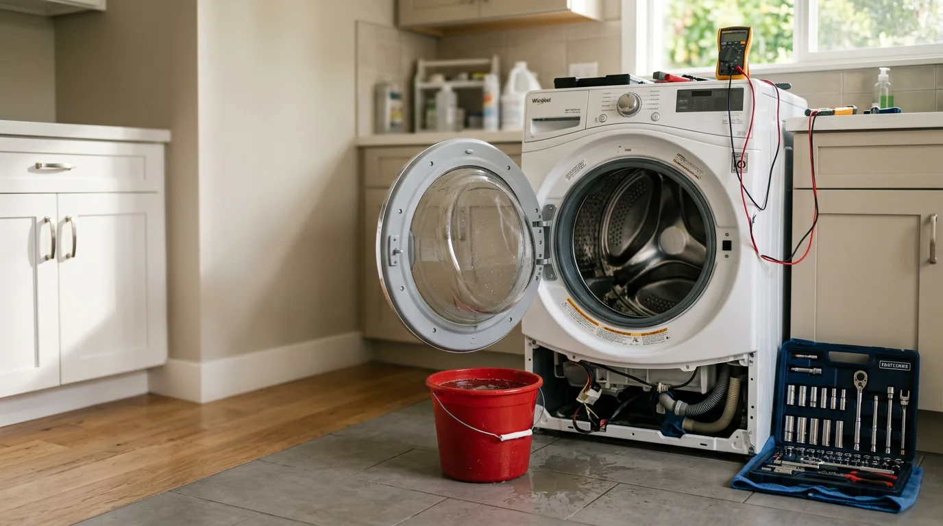 A technician from White Glove Appliance Repair inspecting the drum and drain components of a front-load washer inside a Sherman Oaks home. The washer door is open and the technician is performing a hands-on diagnosis in a residential laundry space.